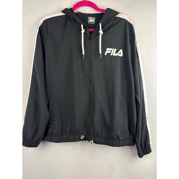 Fila Black Hooded Windbreaker Jacket Size L Made In China Polyester Unisex - Picture 1 of 6